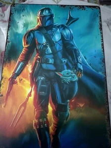 RETRO LIZENZIERTES STAR WARS MANDALORIAN & GROGU ANTIK LOOK BLECHSCHILD SCHUPPEN - Bild 1 von 5