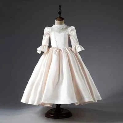 Elegent Satin High Neck Girl Dress with Sleeve Kids Princess Birthday Party Gown - Image 1 of 4