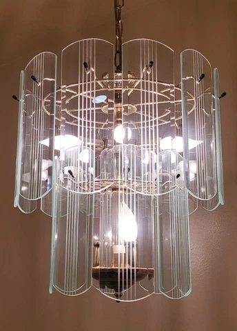 VINTAGE 70s SCIOLARI STYLE GLASS BRASS CHANDELIER ROD & PANEL WATERFALL LAMP 2 Cover