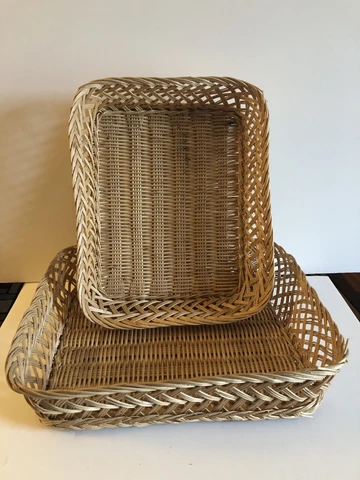 Vintage Two Rectangular Woven Wicker Ivory Fruit/bread Basket (16”x13”&15”x12”) Cover