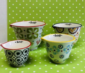 Floral Flea Market Hand Stamped Stoneware Measuring Cups Set Of 4 EUC - Picture 1 of 5