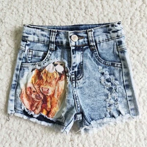 Girls Highland Cow Denim Shorts Summer Jeans - Picture 1 of 2