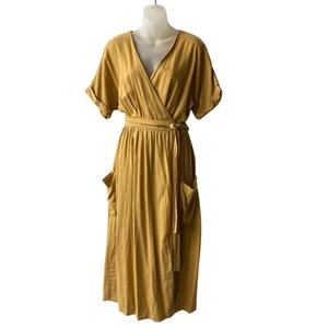 Urban Outfitters Gabriella Linen Blend Midi Wrap Dress M Mustard Gold Slouchy - Picture 1 of 9