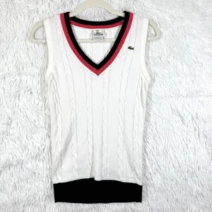 Lacoste Maglione Gilet Donna Piccolo Bianco Maglia Cavo Scollo V Preppy Tennis Pullover - Foto 1 di 9