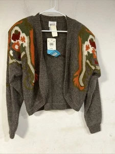 Neu mit Etikett Vintage Lammwolle Angora kurze offene Strickjacke Gr. Large braun Blumenstickerei - Bild 1 von 5