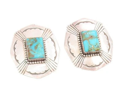 Pendientes Vintage Plata de Ley 925 NAVAJO Turquesa Grabado Concho Stud EG13939 Foto 1 de 4