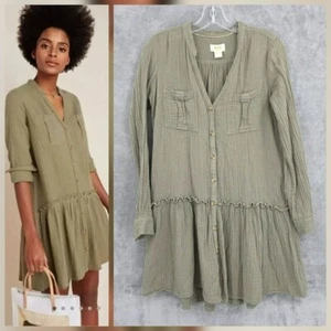 Anthro Maeve Katie Struktur Rüschen Tunika Minikleid 2 Army Grün Oliv Boho Chic - Bild 1 von 11