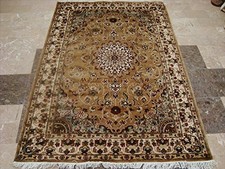 Exotic Gold Ivory Floral Medallion Hand Knotted Rug Wool Silk Carpet (6 x 4)'