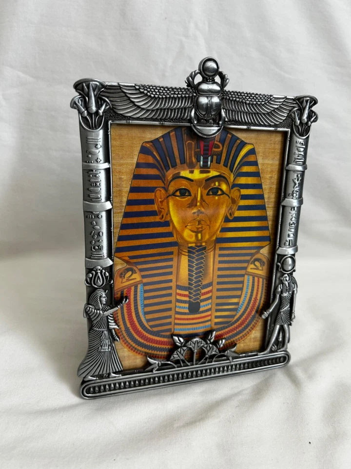 Egyptian Metal Picture Frame King Tut Lotus Winged Scarab Silver 7.5"X 5.5" # 25 - Image 1 of 3