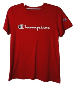 Champion T-Shirt Boys Size M Red Script Print Logo Cotton Blend Casual Short SL - Picture 1 of 8
