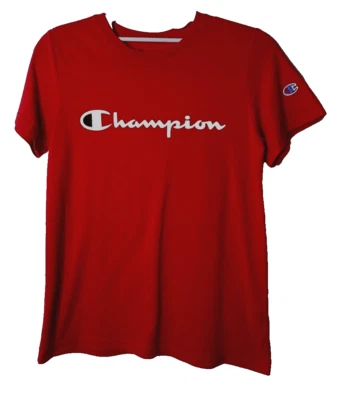 Champion T-Shirt Boys Size M Red  Script Print Logo Cotton Blend Casual Short SL - Image 1 of 4