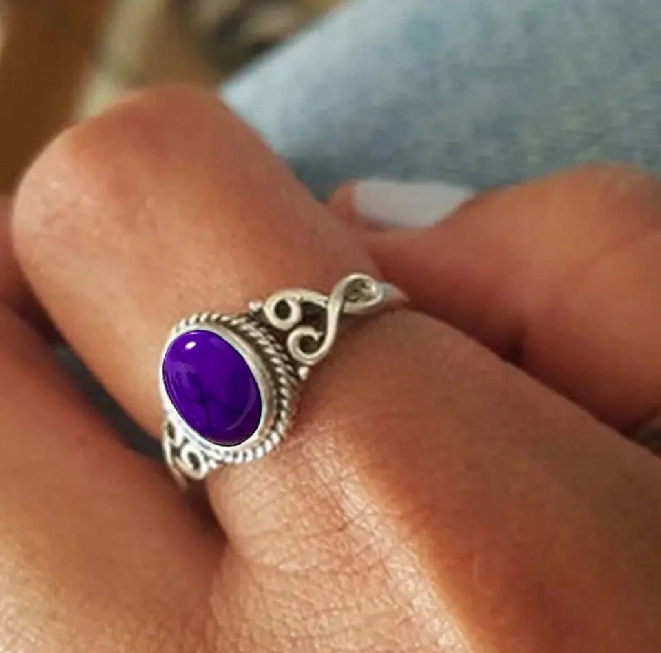 Anillo Púrpura Vintage Boho-Chic Único Para Mujer Talla 8 Plateado 🇺🇸 Foto 1 de 1