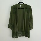 NY Collection Womens Top 3/4 Sleeve Lace Trim Kimono Cardigan Green M