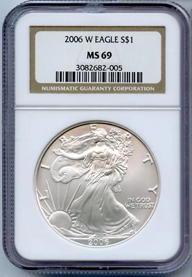 2006-W Americana Argento Aquila 1 Oncia NGC Ms 69 West Punto Certificato Moneta - Immagine 1 di 2