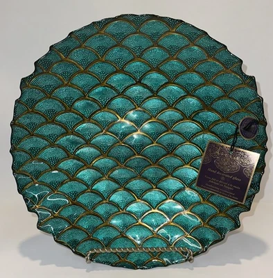 Acentos artísticos - Linda tigela de vidro arte ouro azul-petróleo 12,5" - Nova com etiquetas feita na Turquia - Imagem 1 de 4