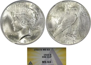 1923 $1 ANACS MS63 CLIPPED PLANCHET PEACE ~ SCARCE MINT ERROR & GREAT LUSTER! - Picture 1 of 5