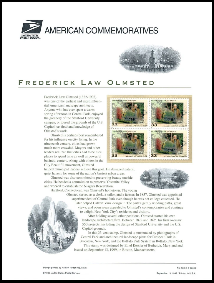 1999 Frederick Law Olmsted landscape CP583 commemorative panel 580 MNH Sc 3338 - Image 1 of 1