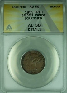 1853 Great Britain Farthing Copper Coin ANACS AU-50 Details Scratched(WB2) - Picture 1 of 2