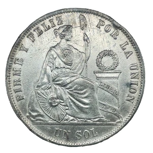 Un Sol 1872 Y.J Peru  .900 Silver KM# 196.3 MS+++  Uncirculated Coin #2 - Picture 1 of 6
