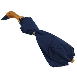 Vintage Raines Blue Compact Umbrella Wood Duck Handle Push Button 1970s Novelty - Picture 1 of 24