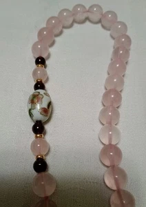 Rose Quartz Necklace 28" With Cloisonne & Amethyst Beads Gold Tone Spacer Beads  - Picture 1 of 7