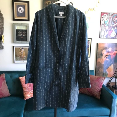 GARNET HILL size S Blue Print Linen Button Front Relaxed Topcoat Jacket - Image 1 of 4