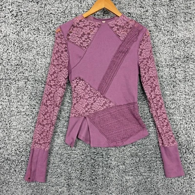 Camisa Free People Mujer Mediana Púrpura Encaje Retazos Térmica Manga Larga Boho Foto 1 de 4