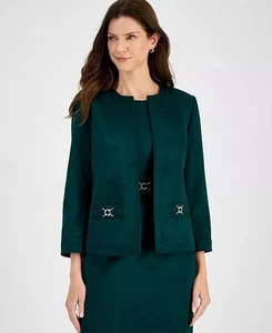 NWT Kasper Faux Suede Framed Open Front Collarless Jacket 8P Petite Evergreen - Picture 1 of 10