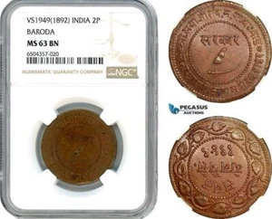 AH638, India, Baroda, Sayaji Rao III, 2 Paisa VS1949 (1892) NGC MS63BN - Picture 1 of 1