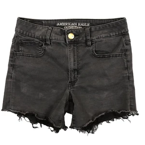 American Eagle Womens Hi-Rise Shortie Shorts Black Sz-8 Frayed Hem Faded Sateen - Picture 1 of 11