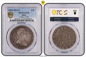 1816 Spain 8 Reales PCGS F15 Silver Coin Ferdinand VII M GJ Crown Gold Shield - Picture 1 of 7