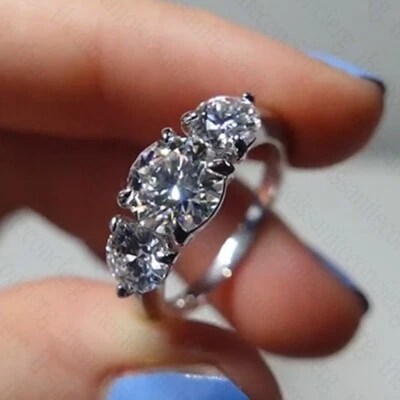 2.90Ctw Round Cut Moissanite Three Stone Engagement Ring 14K White Gold Plated - Изображение 1 из 4