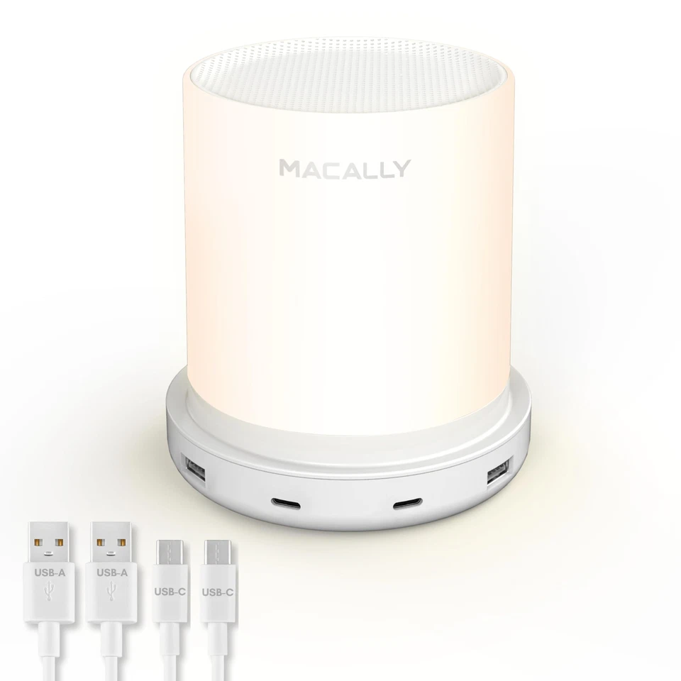Macally Small Bedside Lamp with USB Ports (USB C 2x C A White