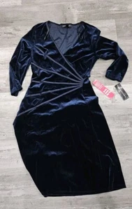 Womens 14 Navy Blue Velvet Fit and Flare Midi Cocktail Dress CONNECTED APPAREL - Picture 1 of 13