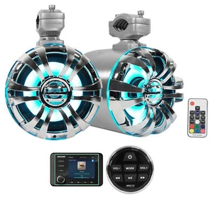 KICKER KMC5 Marine Bluetooth Receiver+Remote+(2) 6.5" Chrome LED Tower Speakers - Picture 1 of 12