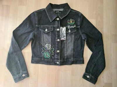 铂金毛绒女式装饰灰色牛仔短夹克 M 码中号 - 全新带标签 — 第 1/4 张图片