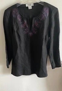 Brooks Brothers Women’s Irish Linen Top Size 8 Black Purple Pink Embroidery - Picture 1 of 7