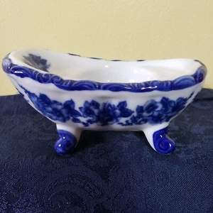Blue White Mini Tub Candle Holder Porcelain Tealight Vintage 4.5" Flow Blue NOS - Picture 1 of 11