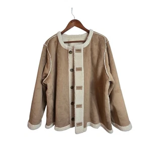 J.Jill Giacca Donna 2X Reversibile Ecopelle Scamosciata Foderata Sherpa Bottoni Anteriore Avena - Foto 1 di 12