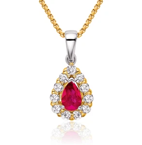 14K Solid Two Tone Gold Pear Ruby Diamond Halo Necklace - Picture 1 of 33