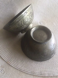2Antique Brass Footed Bowls Chinese Dragon Pattern. - Picture 1 of 11
