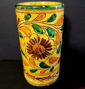 Vintage Italian Sgraffito Pottery Mustard YELLOW Redware Floral Handpainted Vase - Picture 1 of 6
