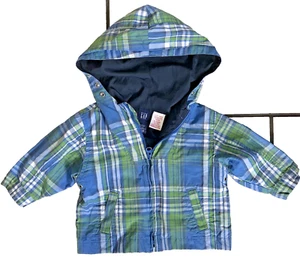 BABY GAP Boy's Lined Windbreaker Jacket 6/12mths Blue/Green Check Full Zip Hood - Picture 1 of 10