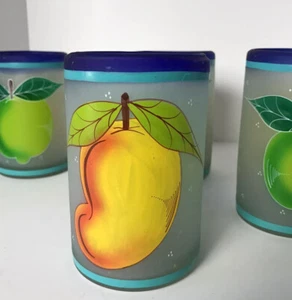 Mexican Hand Blown Blue Rim Set Of 6 Glasses Frosted & Hand Painted Mixed Fruit - Foto 1 di 9
