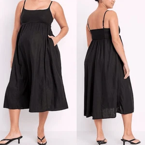 Old Navy Maternity Cami Midi Dress black linen smocked back empire waist L - Picture 1 of 13
