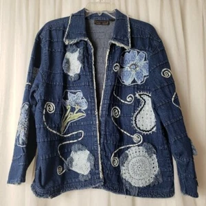 Patch Arbeit Cottage Kernjacke Oma Denim Western offene Strickjacke Sequenz - Bild 1 von 12