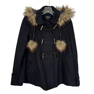 Topshop Womens Wool Blend Duffle Pea Coat Fur Trim Removable Hood Preppy UK 8 - Picture 1 of 17