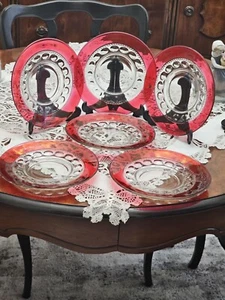 VTG C1800s Tiffin Franciscan King Crown Red Ruby Thumbprint 6 Lunch Plates- NEW - Picture 1 of 4