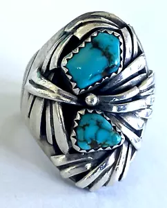 Vintage Native American 2 Turquoise Men's Ring 18.81 gr Sterling 925 Size 8.25 - Picture 1 of 16