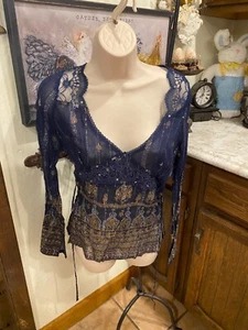 PASSPORT NAVY BLUE RHINE STONE LACE DRESS TOP JOUNIOR TEEN L - Picture 1 of 13